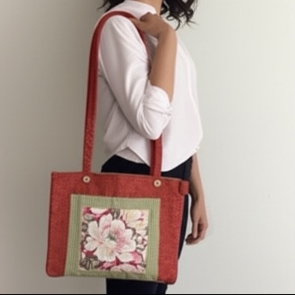 Red Chenille Floral Patchwork Tote Bag Upcycled Material Large